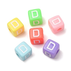 Couleur Mélangete Perles européennes opaques acrylique, Perles avec un grand trou   , cube avec lettre d, couleur mixte, 10x9x9~9.5mm, Trou: 4mm, environ580 pcs / 500 g