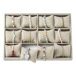 Светло-коричневый Имитация мешковина ювелирных браслет отображает, 12 сетки-подушки без крышки лотка для хранения украшений, с деревом, загар, 353x243x41 мм