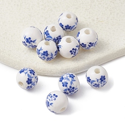 Azul Cuentas de porcelana hechas a mano, porcelana azul y blanca, redondo con flor, azul, 10 mm, agujero: 2 mm