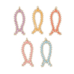 (52) Непрозрачная лаванда 5 шт. подвески в виде рыбок из стеклянного бисера, с открытыми пружинными кольцами из нержавеющей стали 304, реальный 18 k позолоченный, разноцветные, 44x19.5x2 мм, отверстие : 3.4 мм