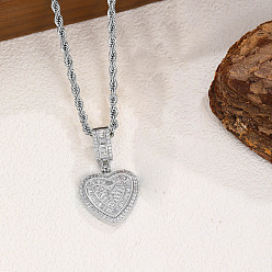 Серебро Женские ожерелья в стиле хип-хоп с подвеской в виде сердца из латуни с микропаве из прозрачных кубических цирконий, серебряные, 23.62 дюйм (60 см)