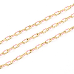Pearl Pink Handmade Golden Brass Enamel Link Chains, Cable Chains, with Spool, Soldered, Long-Lasting Plated, Oval, Pearl Pink, 7x4x1mm, 32.8 Feet(10m)/roll
