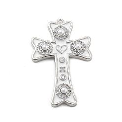 Белый Латунные микро проложить кубического циркония подвески, крестик с сердечками, с бусинами из эмали и абс пластика, без свинца и без кадмия, долговечный, платина, белые, 30x19x3.5 мм, отверстие : 1.4 мм