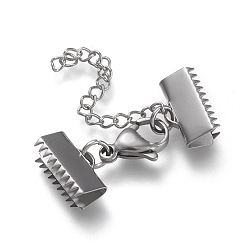 Нержавеющая Сталь Цвет Устойчив к потускнению 304 удлинитель цепи из нержавеющей стали, с застежками-клешнями и обжимными лентами, цвет нержавеющей стали, 34 мм длиной, Лента заканчивается: 7.5x13 mm