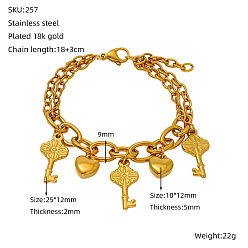 Key День святого Валентина 304 браслеты из нержавеющей стали с подвесками, браслеты-цепочки для женщин, золотые, ключ, 7.09 дюйм (18 см)