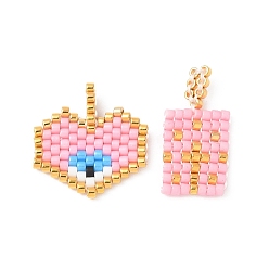 Pink 2шт. стеклянный бисер ручной работы с узором для ткацкого станка Miyuki, кулон в виде сердца со злым глазом и прямоугольный кулон в комплекте, с золотой петлей, розовые, 18x10x2 мм, отверстие : 0.7 мм, 2 шт / комплект