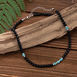 Синтетическая Бирюза 6Миллиметровые круглые бусы из синтетической бирюзы и матового черного камня для мужчин, платина, 18.90 дюйм (48 см)