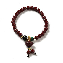 Others 6mm Round Cinnabar Mala Stretch Bracelets, with Synthetic Malachite and Natural Agate, Shoe-Shaped Silver Ingot, Inner Diameter: 2 inch(4.95~5.1cm)