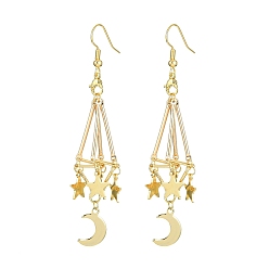 Golden Alloy Macrame Pouch Dangle Earring for Stone Bead Holders, Moon & Star Dangle Earring for Women, Golden, 82x15mm