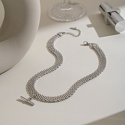 Stainless Steel Color 304 Stainless Steel Column Bar Pendant Mesh Chain Necklaces for Women, Stainless Steel Color, 14.96 inch(38cm)