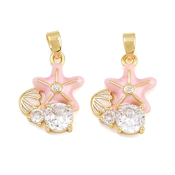 Pink Brass Micro Pave Clear Cubic Zirconia Pendants, with Enamel, Starfish with Shell Shape Charms, Real 18K Gold Plated, Pink, 18x13x4mm, Hole: 5x3mm