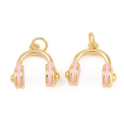 Pink Pendentifs en laiton, breloques pour écouteurs, avec l'émail, sans cadmium et sans plomb, plaqué longue durée, crémaillère plaquage, réel 18 k plaqué or, rose, 15x14x7mm, Trou: 3.5mm