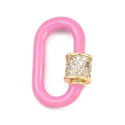 Pink Овальные винтовые карабины с микропаве из прозрачного кубического циркония из латуни, с эмалью, долгоиграющий, стойки покрытие, без свинца и без кадмия, розовые, 19.5x11x2.5 мм