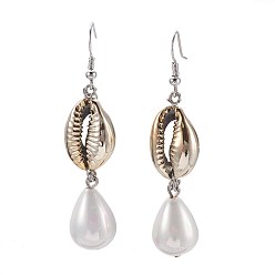 Platinum & Golden Dangle Earrings, with Sea Shell Beads, Teardrop Shell Pearl Beads, Iron Head pins and Brass Earring Hooks, Platinum & Golden, 67mm, Teardrop: 22x13mm, Shell: 20x14x7mm