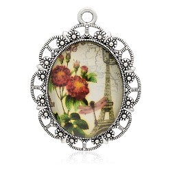 Colorful Flower Photo Glass Oval Big Pendants, with Antique Silver Plated Alloy Settings, Colorful, 60x44x9mm, Hole: 4mm