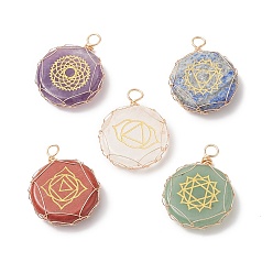 Mixed Stone Copper Wire Wrapped Natural & Synthetic Mixed Stone Pendants, Chakra Flat Round Charms, Light Gold, 35x25.5x6.5mm, Hole: 4mm