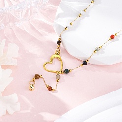 Золотой Регулируемые 304 ожерелья-лариаты из нержавеющей стали и граненых круглых смешанных драгоценных камней ручной работы, с подвесками из сплава в форме сердца, золотые, 32.87 дюйм (83.5 см)