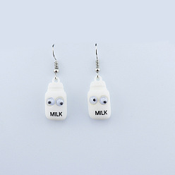 Белый Серьги-подвески из смолы в виде десерта, платина, бутылочка молока с выпученными глазами, белые, 40x12 мм