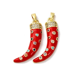 Красный Латунные микро проложить кубического циркония подвески, рог очарование, с эмалью, реальный 18 k позолоченный, красные, 29.5x18x4.5 мм, отверстие : 4x2.5 мм