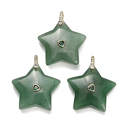 Green Aventurine Natural Green Aventurine Pendants, Star Charms, with Brass Pave Cubic Zirconia Findings, Golden, 30~32.5x31.5~34x11~12.5mm, Hole: 6x7mm