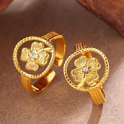 Trèfle 304 Manchettes ouvertes en acier inoxydable et strass pour femmes, or, trèfle, taille us 7 (17.3 mm)