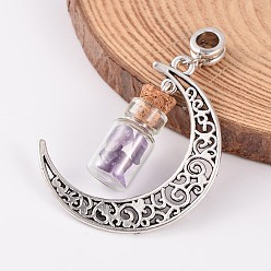 Amethyst Moon Antique Silver Alloy European Dangle Charms, with Amethyst Glass Wishing Bottles, 57x28x10mm, Hole: 4.5mm