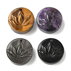 Смешанные камни Природные смешанные подвески драгоценных камней, плоский круглый с резными подвесками в виде цветка лотоса, 25~25.5x8~11 мм, отверстие : 1.5~2 мм