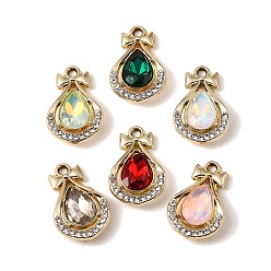 Golden UV Plating Alloy Glass Pendants, Teardrop with Bow Charm, with Rhinestone, Faceted, Mixed Color, Golden, 21.5x14x4.5mm, Hole: 1.8mm