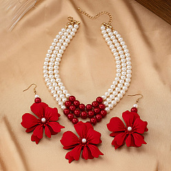 Красный Комплект украшений из сплава с подвеской в виде цветка, комплекты серег и трехслойных бусин из искусственного жемчуга, красные, 380 мм