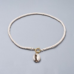 White Cowrie Shell Pendant Necklaces, with Dyed Synthetic Turquoise Beads and Brass Spring Ring Clasps, Packing Box, Linen, 15.9 inch(40.5cm)
