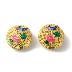 Фуксиновый Стойки покрытие латунь эмаль бисер, долговечный, без кадмия и без свинца, реальный 18 k позолоченный, плоские круглые с цветком, красно-фиолетовые, 16x10 мм, отверстие : 1.6 мм