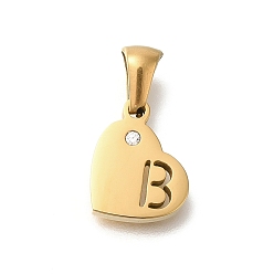 Letter B 304 подвески в форме сердца из нержавеющей стали со стразами, золотые, В письме, 11x13x2.5 мм, отверстие : 5x3 мм