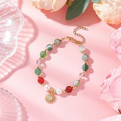 Солнце Браслеты из натуральных полосатых бусин агата, кварца, ракушек и жемчуга, Браслеты с подвесками из латуни с микропаве из кубического циркония для женщин, солнце, 7-1/2 дюйм (19 см)