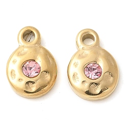 Розовый 304 нержавеющая сталь с подвесками из стразов, ручная полировка, плоско-круглые, ионное покрытие (ip), золотые, светло-розовый, 9.5x6.5x2.5 мм, отверстие : 1.4 мм
