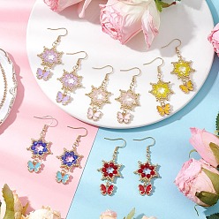 (52) Непрозрачная лаванда Цветок с бабочкой 304 серьги-подвески из нержавеющей стали и стеклянных бусин, с нитью из нейлоновой проволоки, сплава и эмали, золотые, разноцветные, 57x24 мм