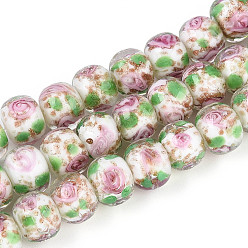 Светло-зеленый Нити бусин-рондель с внутренним цветком ручной работы в технике лэмпворк, с золотой порошок, светло-зеленый, 8~10x10~11 мм, отверстие : 0.9~1.4 мм, около 35 шт / нитка, 10.83~11.42'' (27.5~29 см)