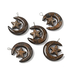 Бронзит Природные подвески бронзитом, луна со звездными чарами, с петлями из медной проволоки, платина, 36~37x27~28x7.5~8 мм, отверстие : 4 мм