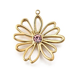 Настоящее золото 18K 304 подвески из нержавеющей стали, со стразами, цветочный шарм, ионное покрытие (ip), реальный 18 k позолоченный, 27x26x3.5 мм, отверстие : 1.2 мм