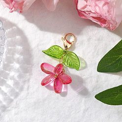 Светло-Вишневый Подвески из цветочного стекла украшения, с 304 из нержавеющей стали Lobster Claw застежками, светло-вишневый, 40 мм