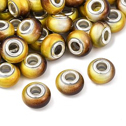 Желтый Двухцветные непрозрачные европейские бусины-рондель из смолы, с двойных ядер серебрянного цвета, бусины с большим отверстием, желтые, 14x8.5 мм, отверстие : 5 мм