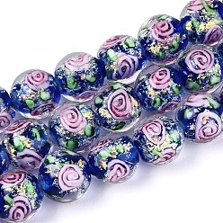 Средно-синий Ручной стеклянные фольга бисер пряди, круглые, с внутренним цветок, светло-синий, 9.5~10.5 мм, отверстие : 1.2~1.6 мм, около 38~40 шт / нитка, 13.98~14.76 дюйм (35.5~37.5 см)