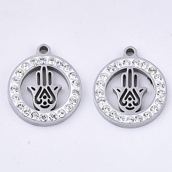 Stainless Steel Color 201 Stainless Steel Pendants, with Polymer Clay Crystal Rhinestone, for Religion, Flat Round with Hamsa Hand/Hand of Fatima/Hand of Miriam, Stainless Steel Color, 17x15x2mm, Hole: 1.6mm