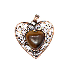 Тигровый глаз Ретро полые подвески из натурального унакита, Сердце подвески, с красной медной металлической фурнитурой, 30x30x8 мм