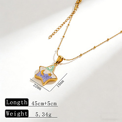 Lilas 304 Colliers pendentifs en acier inoxydable émaillé et perle en plastique, étoiles, or, lilas, 17.72 pouce (45 cm)