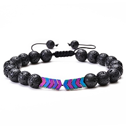 Colorful Natural Lava Rock & Synthetic Hematite Arrow Braided Bead Bracelet, Essential Oil Gemstone Jewelry for Women, Colorful, 7~11-3/4 inch(17.78~29.972cm)
