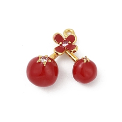 Настоящее золото 18K Латунные подвески с красной эмалью, долговечный, без кадмия и без свинца, стойки покрытие, вишневое очарование, реальный 18 k позолоченный, 17x19.5x10.5 мм, отверстие : 1.4 мм