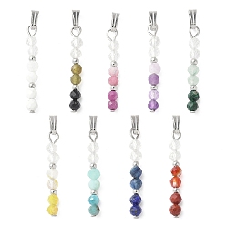 Смешанные камни Граненые круглые подвески из натуральных смешанных драгоценных камней, с 304 фурнитурой из нержавеющей стали, цвет нержавеющей стали, 26.5x3.5 мм, отверстие : 2x5 мм