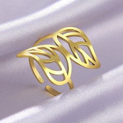 Золотой Полый лист 201 регулируемые манжетные кольца из нержавеющей стали, золотые, 21.9 мм, внутренний диаметр: регулируемый