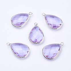 Azure Silver Color Plated Brass Glass Teardrop Pendants, Faceted, Azure, 18x10x5mm, Hole: 2mm