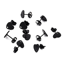 Electrophoresis Black 304 Фурнитура для сережек-гвоздиков из нержавеющей стали с ионным покрытием (IP), с уха орехов, текстурированное сердце, электрофорез черный, 12x9 мм, отверстие : 1.4 мм, штифты : 0.7 мм